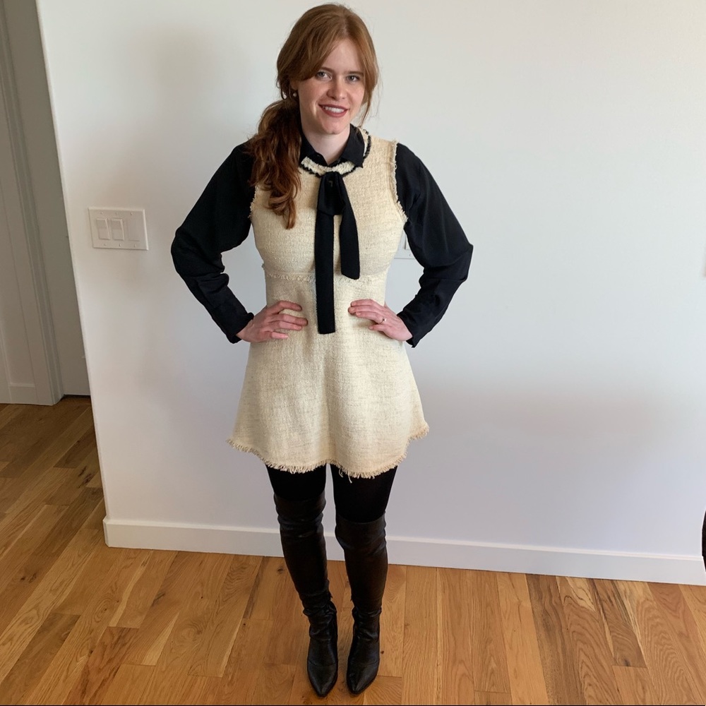 Zara frayed tweed ecru mini dress with tie